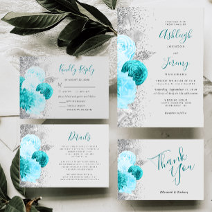 Chique Turquoise Bloem Zilver Glitter Grijs Bruilo Kaart