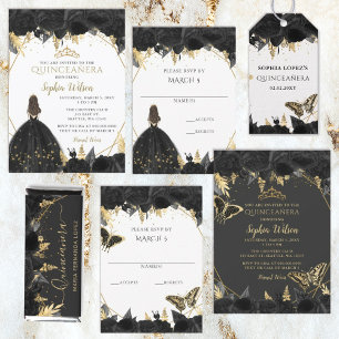 Elegant Black Gold Floral Butterfly Quinceañera Kaart