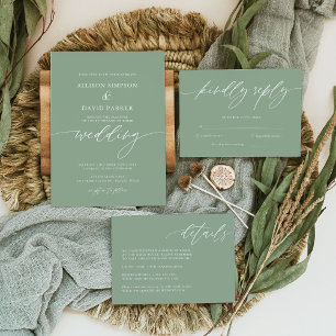 Minimalistisch Sage Green Photo Unique Wedding All All In One Uitnodiging