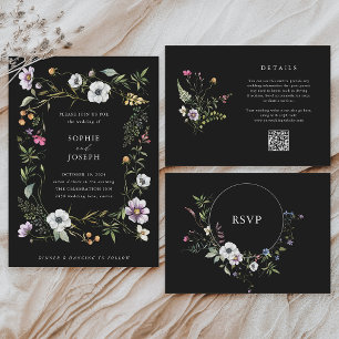 Donkere Botanische Wildbloemen   Elegante bruiloft RSVP Kaartje