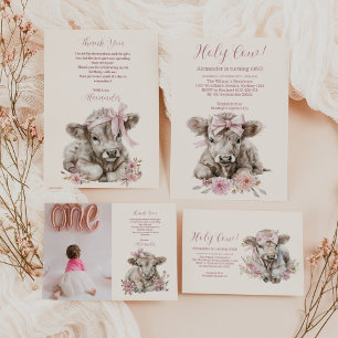 Foto Roze Meisje Bloemen Highland Koe 1e Verjaarda Bedankkaart