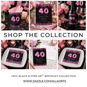 Chique Roze Glitter Zwart 40e Verjaardag  Sleutelhanger