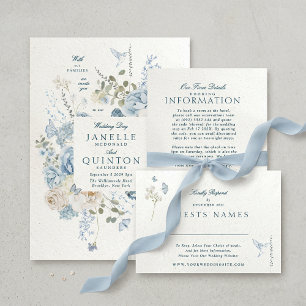 Elegante Blauwe Bloemen Faux Handgemaakte Papier T Kaart