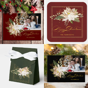 White Poinsettia, Gold Greenery Calligraphy Foto