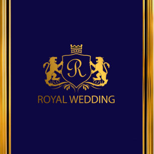 Royal Crown Blue Gold Flourishes Wedding Kaart