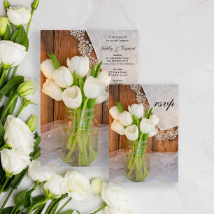Mason Jar White Tulips Country Barn Weddenschap RS RSVP Kaartje