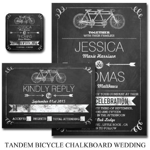 Tandem Bicycle Chalkboard Typography Wedding Kaart