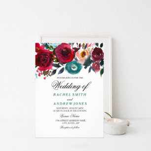 Elegant Floral Burgundy Spring Wedding Invite Kaart