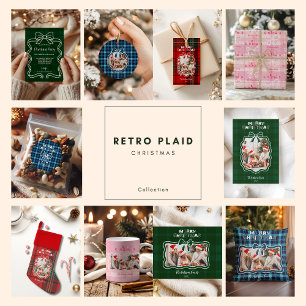 Retro Red Plaid Whimsical Christmas Feestdagenkaart