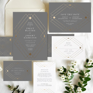 Gold Diamond Gray Geometric Deco Gatsby Wedding Informatiekaartje