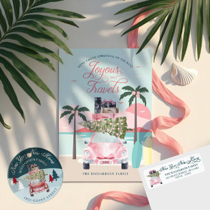 Warm wint tropische palmbomen en roze retrocar feestdagen kaart