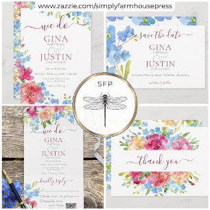 Rustige roze anjers en vergeet me nots QR-code All In One Uitnodiging