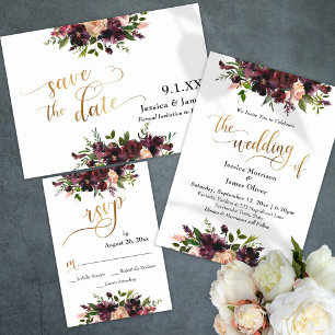 Deep Red Bourgondië Floral Save the Date Gold Scri
