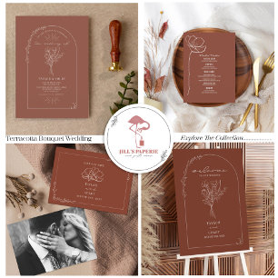 Line Art Arch Bouquet Terracotta Wedding Invitati Kaart
