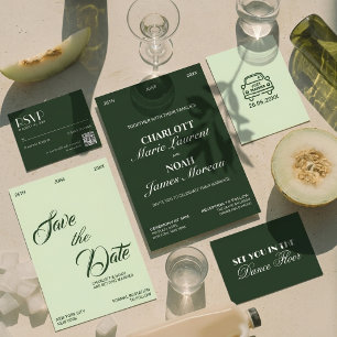 Elegante chique crèmekleurige saliegroene bruiloft save the date