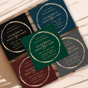 Forest Green Rustic Gold Circle Wedding Square Kaart