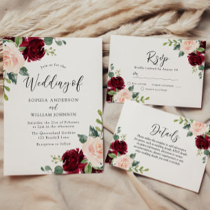 Roos Gold, Blush en Bourgogne Floral Wedding Folie Uitnodiging