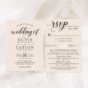 Modern Cream and Black Script Wedding Kaart