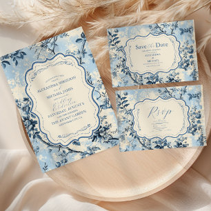 Elegante blauwe Toile de Jouy bruiloft RSVP Kaartje