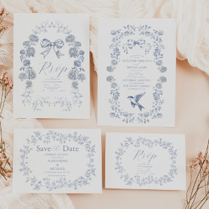 Elegant Frans  Blauw Bloemen Bruiloft Save The Date