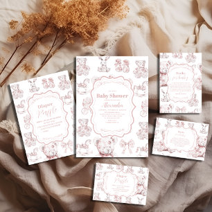 Roze Speelgoed Toile De Jouy Baby shower Papieren Bordje