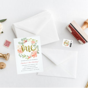 Eerste Verjaardag Roze Goud Bloemen Krans Uitnodig Kaart