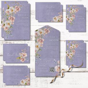 Pastel Floral Modern Lavender Paarse QR-code All In One Uitnodiging