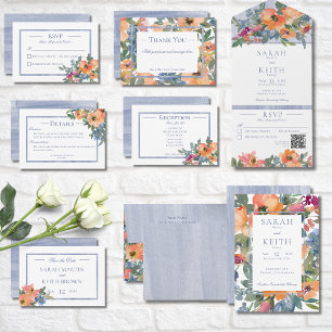 Rustige peach Blue & White Floral QR Code All In One Uitnodiging
