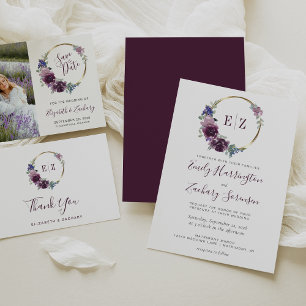 Monogram Paarse Floral Wreath Gold Hoop Wedding RSVP Kaartje