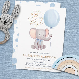 Boy Blue ballon Cute Elephant Baby shower Bedankkaart