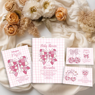 Retro Roze Bow Meisje Baby shower Raffle Diapper Informatiekaartje