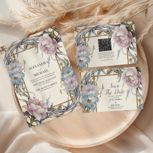  Art Nouveau Floral Paarse bruiloft RSVP Kaartje