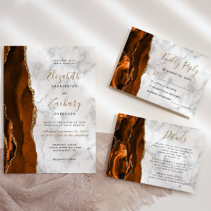 Burnt Oranje Agate Gold Marble Wedding Invitation Kaart
