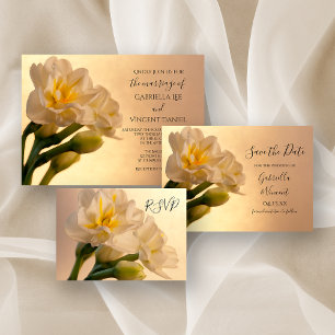 White Double Daffodils Wedding RSVP Response Kaart
