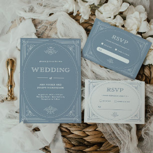 Modern Deco   Elegant White en Dusty Blue Wedding RSVP Kaartje