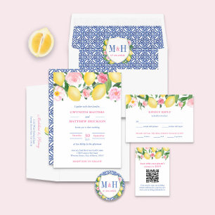 Positano Lemons Blue Tiles Pink Weddenschap Monogr Vierkante Sticker