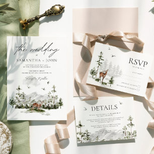 Evergreen Rustic Mountain Forest Bruiloft RSVP Kaa