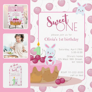 Sweet One Cherry Cake Bunny uitnodiging