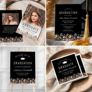 Boho Wildflowers Black Graduation Party Servet