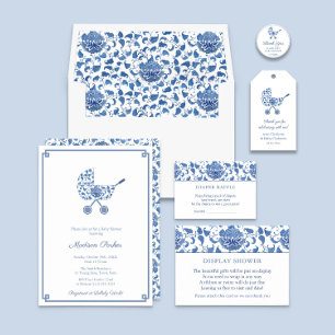 Blue and White Pram Chinoiserie Chic Baby shower Kaart