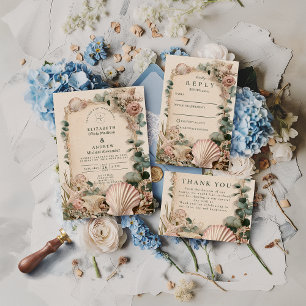 Trouw met Vintage Coastal Shell Romance RSVP Kaartje