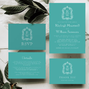 Klassieke Monogram Crest Turquoise Wedding Kaart
