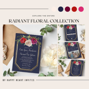 Radiant Floral Navy Blue Burgundy Foto Weddenschap Kaart