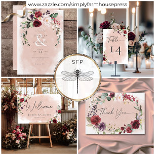 Rustieke Bourgogne & Blush Roze Rozen Bruiloft Bedankkaart