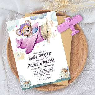 Girl Teddy Bear Airplane Baby shower Kaart