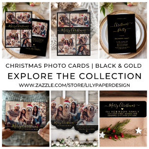Elegant Zwart en Goud Script 2 Foto Kerstmis Feestdagenkaart
