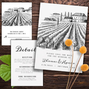 Vineyard Winery Rustic Sketch Wedding Kaart