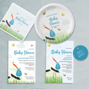 Schattigee Blue Stork Baby shower bedankkaart
