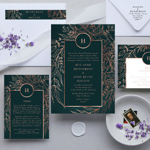 Emerald Dusty Roos Gold Monogram Wreath Weddenscha Kaart