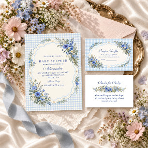 Blauwe Baby Shower Luierspel met Wilde Bloemen Informatiekaartje
